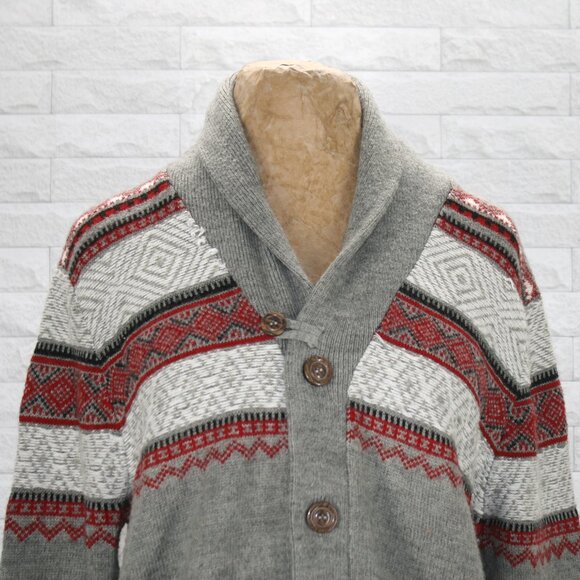 I JEANS BY BUFFALO Cardigan Wool Blend Sweater Fair Isle Striped Grey Mens Large - Picture 2 of 6